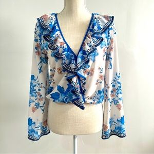 Juniper Blu Womens Crop Top Blouse Size SMALL Floral Boho Ruffle Bell Sleeve